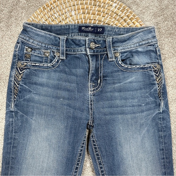 Miss Me Chloe Slim Boot Cut Jeans Mid Rise Border Stitch Flap Pockets Blue 27 - Picture 4 of 16